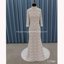 High Neck Long Sleeve Backless Full Lace Flower Denmark Wedding Dress Bridal Gown